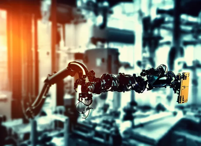 Prompt: a 3 5 mm photo of a robotic arm in a factory, bokeh, canon 5 0 mm, cinematic lighting, film, photography, golden hour, depth of field, award - winning