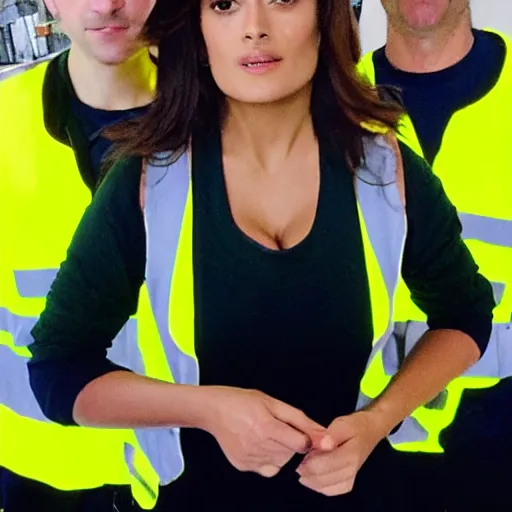 Prompt: photo, close up, salma hayek in a hi vis vest, in warehouse, android cameraphone, snapchat story screenshot, 2 6 mm,