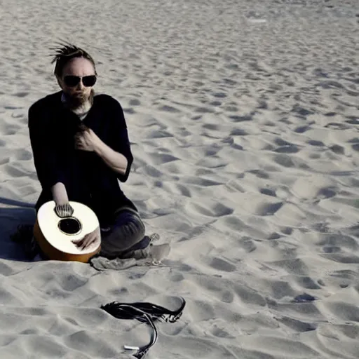 Prompt: Thom Yorke on beach with guitar, a photo by John E. Berninger, trending on pinterest, private press, associated press photo, angelic photograph, masterpiece