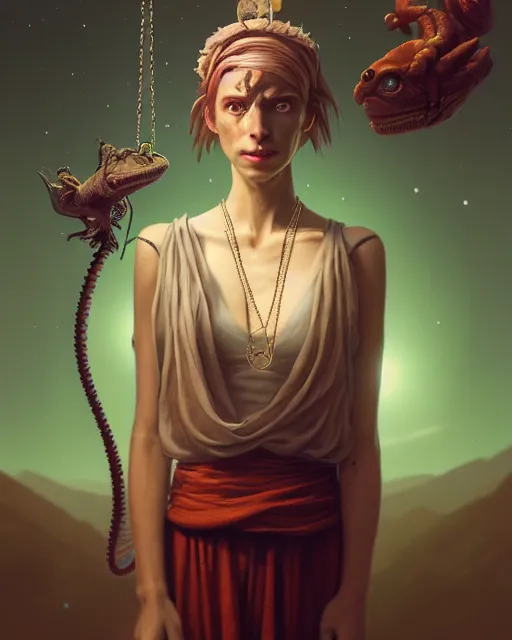 Image similar to highly detailed surreal vfx portrait of a lizard person with a necklace, wearing a toga, stephen bliss, unreal engine, greg rutkowski, loish, rhads, beeple, makoto shinkai and lois van baarle, ilya kuvshinov, rossdraws, tom bagshaw, alphonse mucha, global illumination, detailed and intricate environment