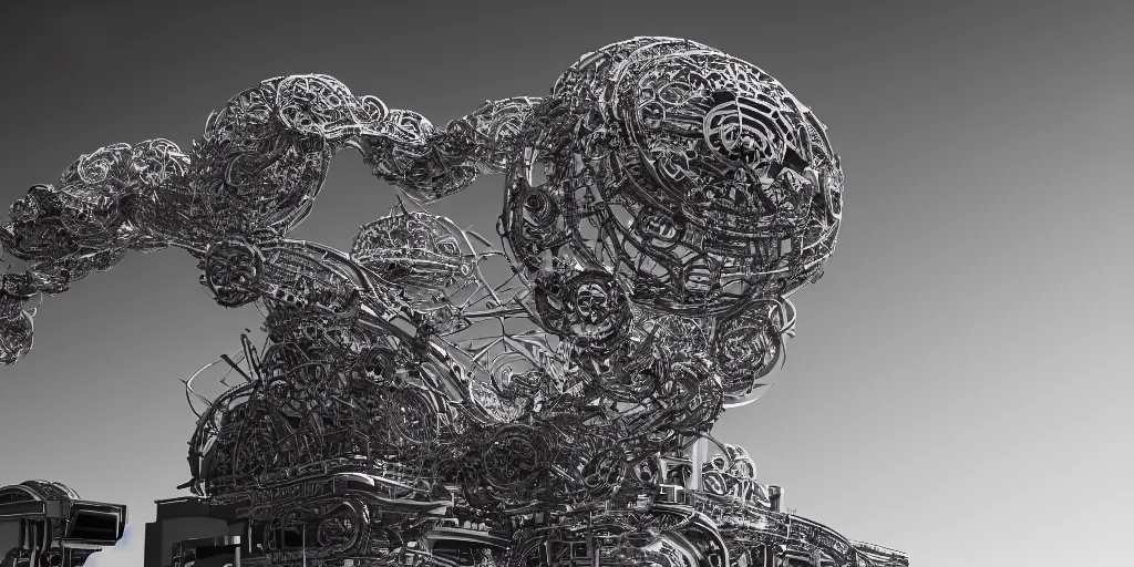 Prompt: dream machine. complex shape. intricate. octane render. 8 k. monochrome. cinematic.