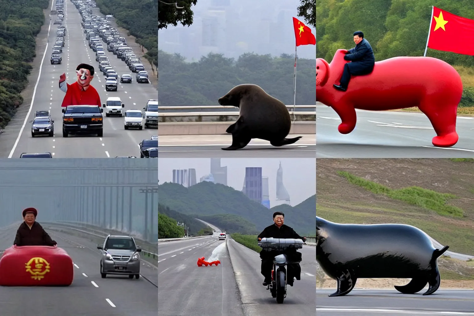 Prompt: xi jinping riding a giant seal on the highway