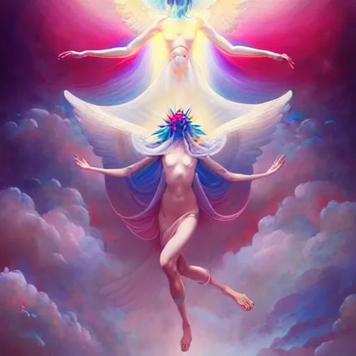 Prompt: psychedelic angelic celestial being artwork of peter mohrbacher, ilya kuvshinov ayahuasca, energy body, sacred geometry, esoteric art, rainbow colors, realist, abstract and surreal art styles with anime and cartoon influences divinity