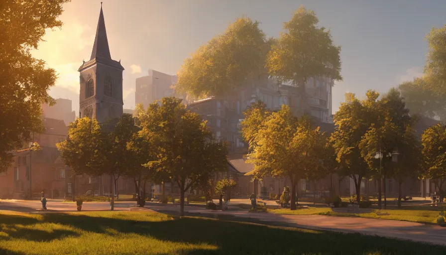 Image similar to small midwest town and city, square, trees, church, sunny day, volumetric light, hyperdetailed, artstation, cgsociety, 8 k