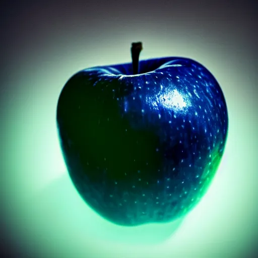 Image similar to professional photo of an apple that is blue, with a glowing gold aura around it, highly detailed, extremely high quality, hd, 4 k, 8 k, professional photographer, 4 0 mp, canon 3 0 0 mm, lifelike, top - rated, award winning, realistic, detailed lighting, detailed shadows, sharp, no blur, edited, corrected, trending