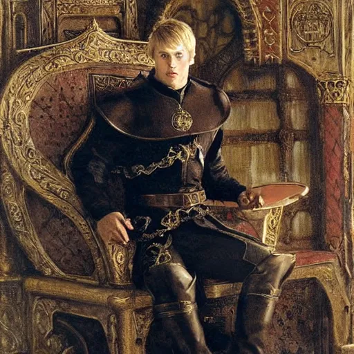 Prompt: attractive bradley james as attractive king arthur pendragon, sat in his throne, big arches in the back, very detailed painting, by gaston bussiere, craig miller, j. c. leyendecker