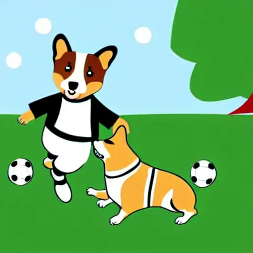Prompt: illustration of french boy in paris playing football against a corgi, the corgi is wearing a polka dot scarf