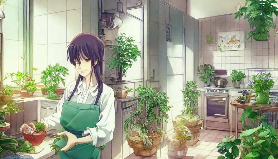 Image similar to a woman standing in a kitchen next to a plant, a storybook illustration by kiyohara tama, pixiv contest winner, magic realism, pixiv, official art, anime aesthetic