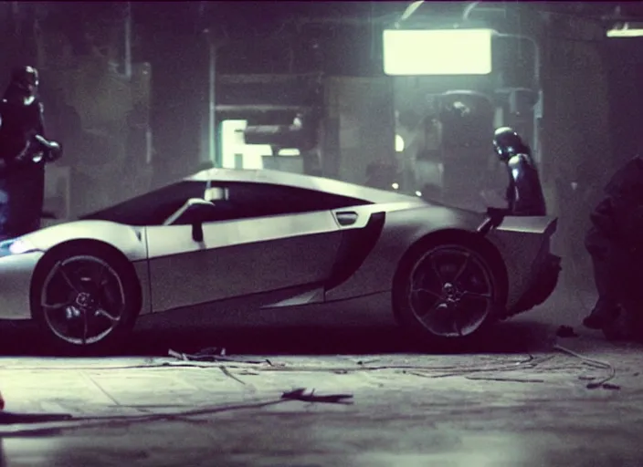 Image similar to Bladerunner 2049 scene man working on his sports car in small garage cluttered with tools parts dark atmospheric volumetric lighting grungy moody dark cinematic Roger Deakins Cinematography futuristic cyberpunk car R35 NSX R8 S14 Evo X Z06 ikuo maeda Newton Thomas Sigel bladerunner 2049 screen cap still