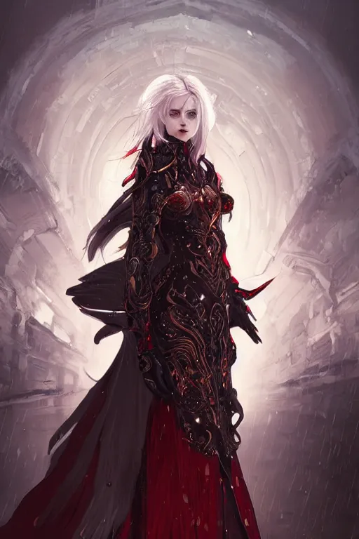 Prompt: portrait knights of white hair Zodiac girl+smoky eyes, black fire red color reflected armor, in ruined Agora of Athens rainy night, ssci-fi and fantasy, intricate and very very beautiful and elegant, highly detailed, digital painting, artstation, concept art, smooth and sharp focus, illustration, art by tian zi and WLOP and alphonse mucha