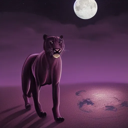 Prompt: digital painting of a large purple colored panther roaring at night. large moon in the center of the background. digital drawing, illustration, 4 k, render, matte, highly detailed, artstation, realistic, dramatic, darkness, moon.