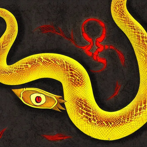 Prompt: yellow snake with red eyes detailed cinematic d & d digital artwork