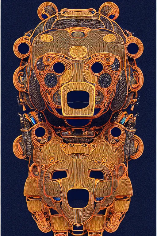 Image similar to a centered uncut fullbody frontview portrait of a robotic bear headed biomechanical creature by clogtwo and subjekt zero feat paul lewin. intricate detailed sharp clean textured very ornated. indian style tapestry design. lowbrow color palette