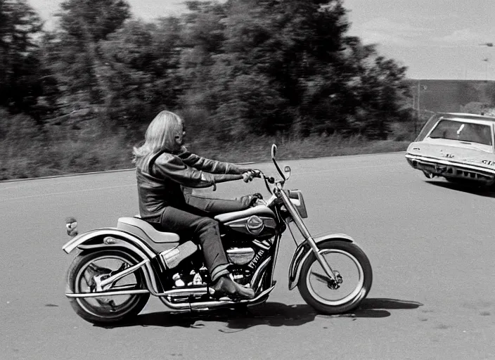 Prompt: harley - davidson shopper driving on a highway, sunny day 1 9 7 2