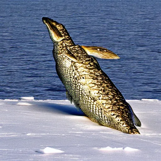 Prompt: An enormous northern pike with open jaws breaks through the arctic ice, Nature Photograph