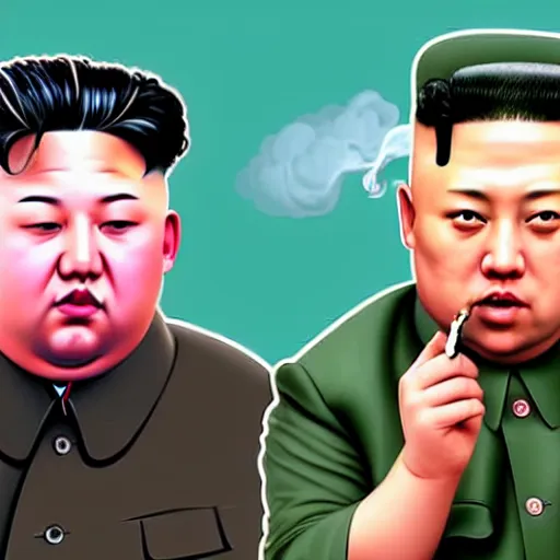 Prompt: kim jong un smoking dank kush with zelenskiy watching him in disgust, in the style of disco elysium