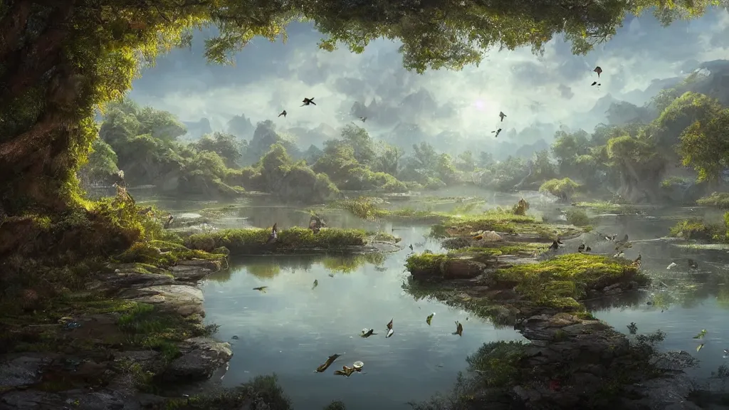 Prompt: a ultradetailed beautiful matte painting of a peaceful pond with a clear water as a large group of amazingly birds taking flight, dramatic lighting, dynamic lighting, cinematic lighting, by krenz cushart and artgerm, unreal engine, featured on artstation