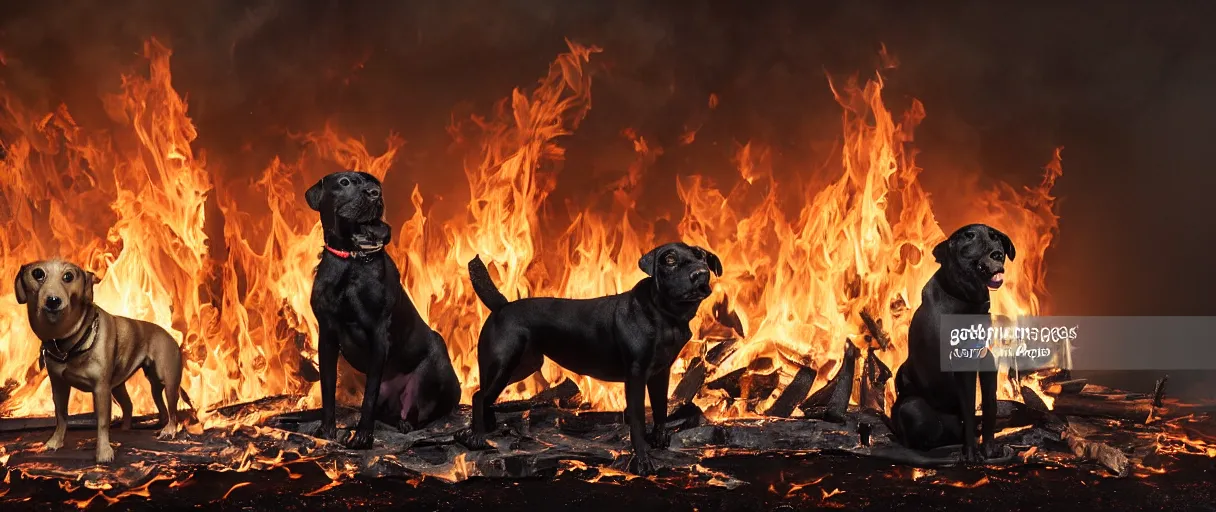 Image similar to a studio photograph (big flash on) of a huge fire on a dining room on fire in the background, in the foreground a relaxed anthropomorphic dog sitting on a wooden chair at a table (no fire at all there), sipping a cup of hot coffee, surrounded by flames, a lot of flames behind the dog, black smoke instead of the ceiling, no watermark