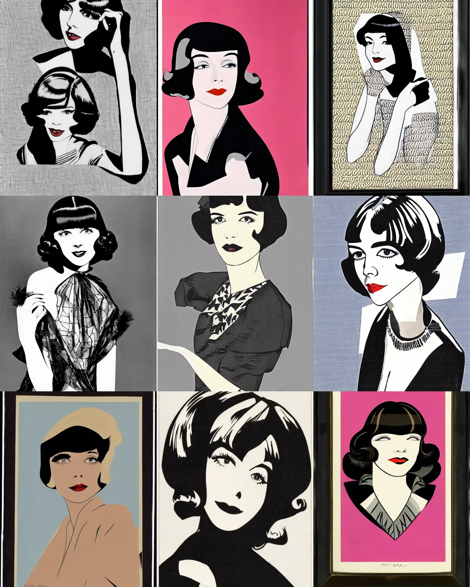 Prompt: Colleen Moore 25 years old, bob haircut, portrait by Patrick Nagel, 1920s, patterned