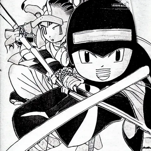 Image similar to young swordsman, illustrated by mato and ken sugimori and akira toriyama, manga, black and white illustration