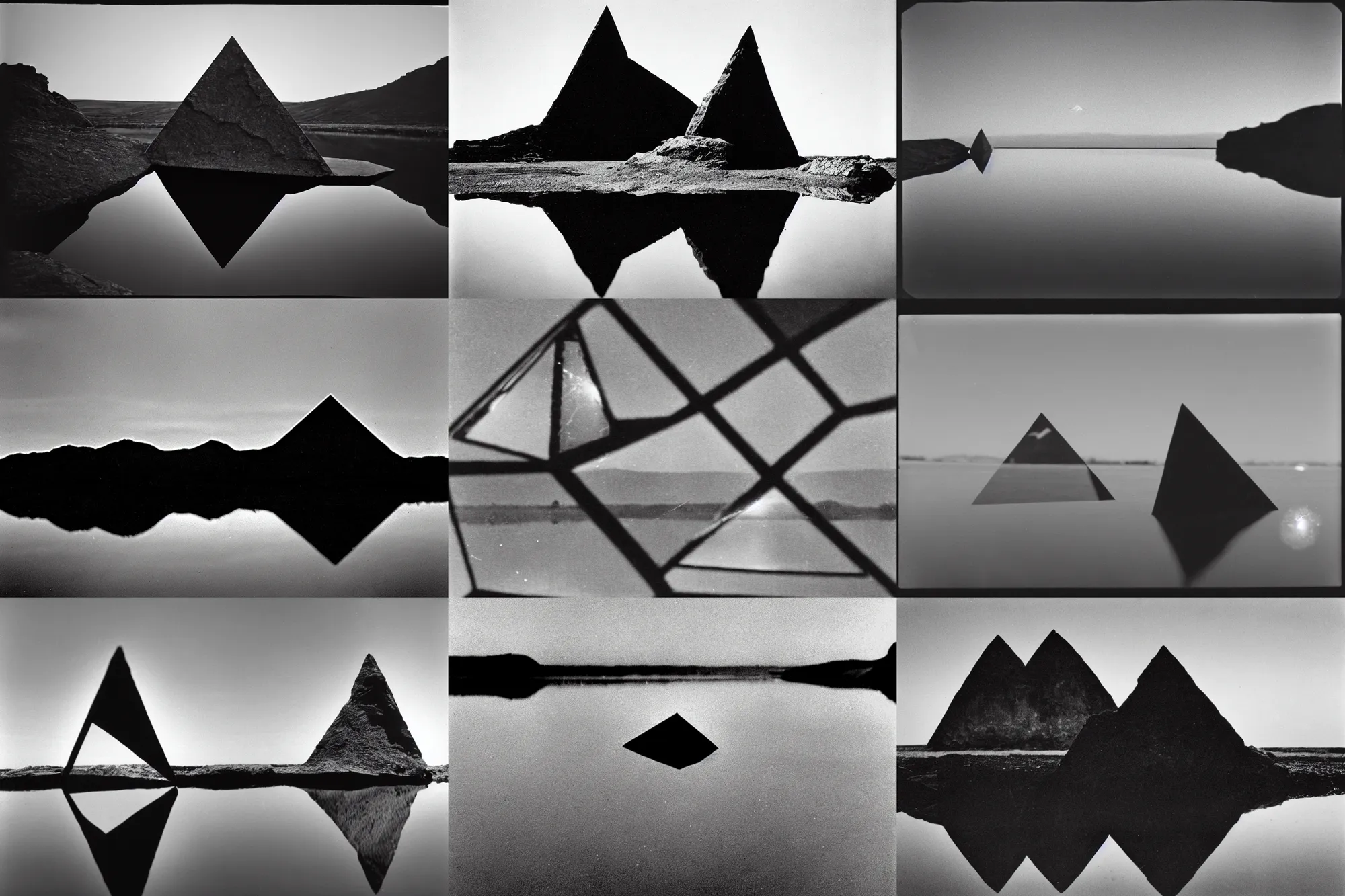 Prompt: declassified photograph of small obtuse angle triangular rock in still pond with silhouette of triangular classified aircraft reflected above, film grain, 3 5 mm lens, wales, government archive