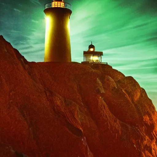 Image similar to a photo of an alien lighthouse covered in scales, lit by an eerie background glow