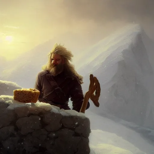 Image similar to epic portrait an male viking eating loaf of bread, winter, blizzardy weather, mountains backround, long blonde beard, snowy hair, broad light, ambient occlusion, volumetric light effect, made by ivan aivazovsky, peter mohrbacher, greg rutkowski, matte painting, trending on artstation, 4 k, perfectly defined features, digital painting,