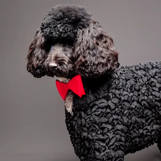 Image similar to black goldendoodle dog, wearing pimp suit