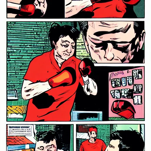 Image similar to bill hicks punching the camera wearing boxing gloves in comic book style