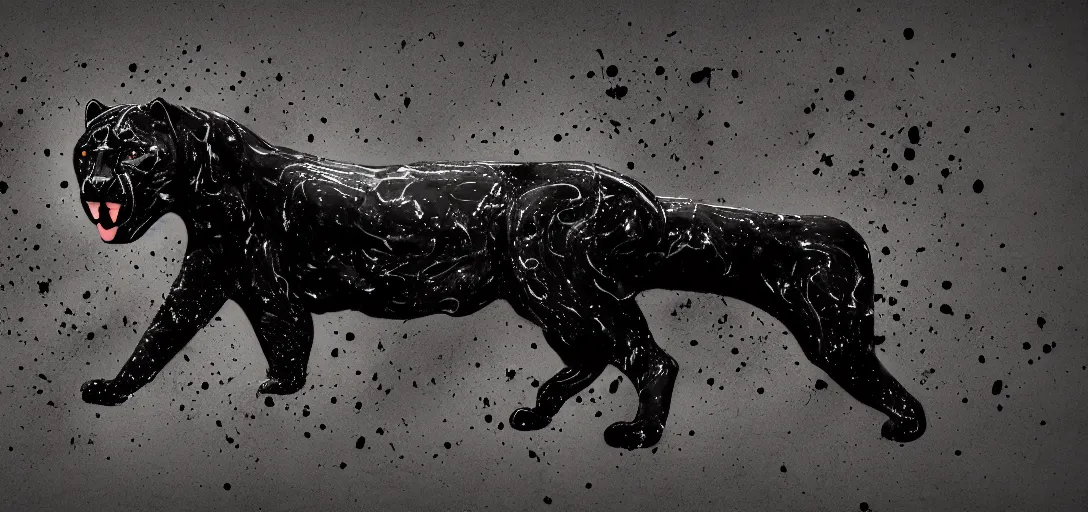 Prompt: the smooth panther, made of tar, sticky, full of tar, covered with tar, dripping tar, dripping tar, splattered tar, sticky tar. concept art, reflections, black goo, animal drawing, digital art, desktop background