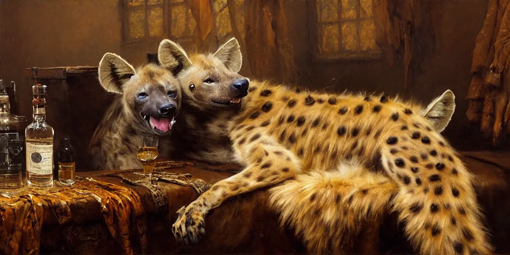 Prompt: an exhausted hyena girl in her studio with a bottle of whisky, fluffy, furry pelt, furry body. highly detailed painting by gaston bussiere, craig mullins, j. c. leyendecker 8 k