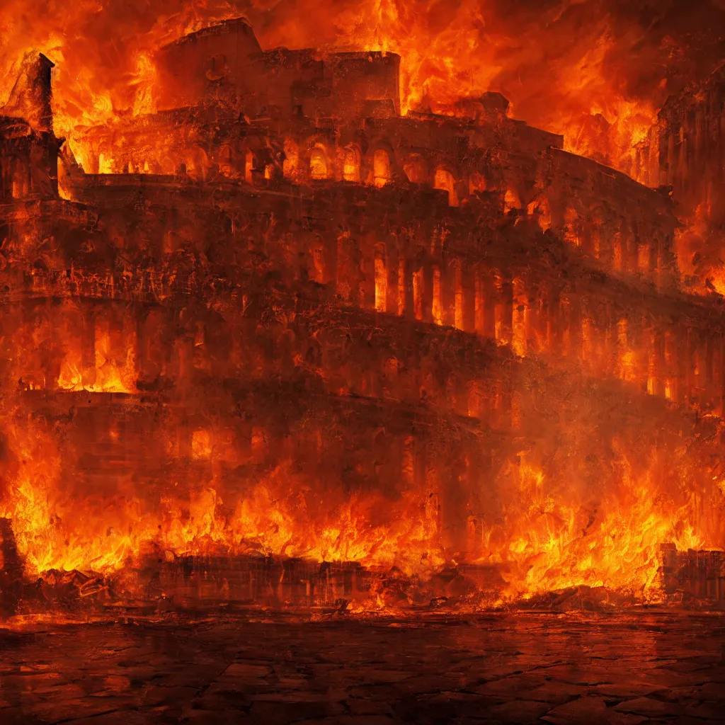 Image similar to painting of the great fire of rome, abstract, realism, 8 k, detailed, terror, octane render, 3 d render, complex emotion, glow, orange, beautiful, cinematic