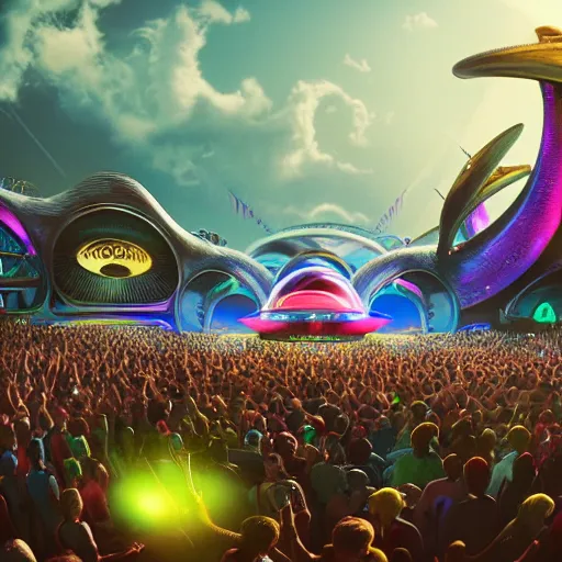 Prompt: Tomorrowland with alien dj, concept art, 4k Colourful