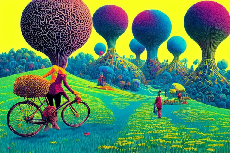 Image similar to surreal glimpse into other universe, riding beca malacca, summer morning, very coherent and colorful high contrast, art by!!!! gediminas pranckevicius!!!!, geof darrow, floralpunk screen printing woodblock, dark shadows, hard lighting, stipple brush technique,