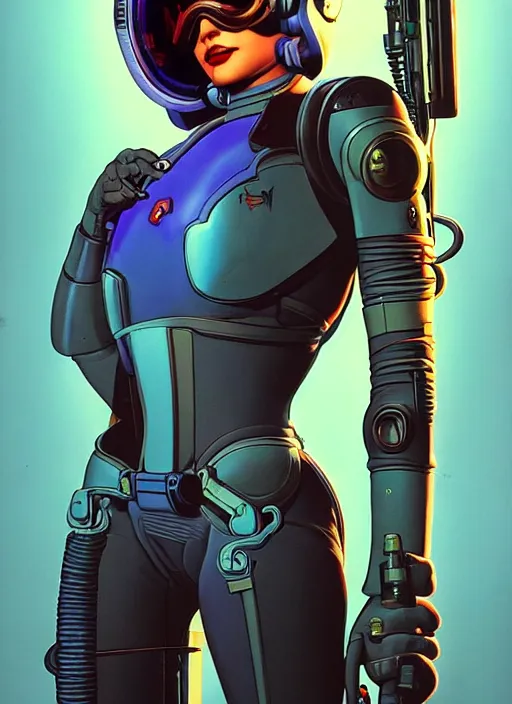 Image similar to powerful cyberpunk pilot. portrait by john philip falter and will eisner and gil elvgren and pixar. full body. realistic proportions. overwatch, rb 6 s, cyberpunk 2 0 7 7, blade runner 2 0 4 9 concept art. cel shading. thick lines.