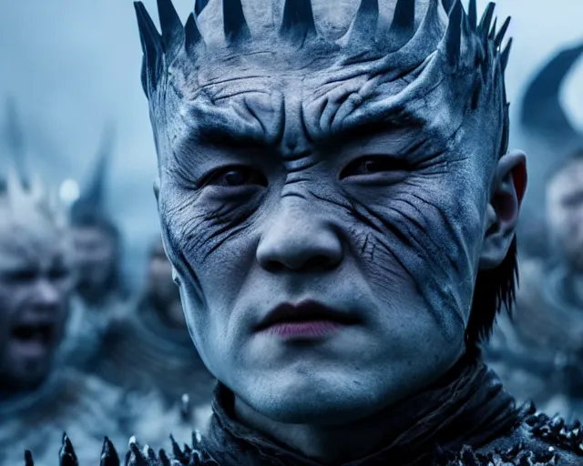 Image similar to justin sun as night king in game of thrones being swarmed by crimson - black bees, 4 k, epic, cinematic, focus, movie still, fantasy, extreme detail, atmospheric, dark colour, sharp focus
