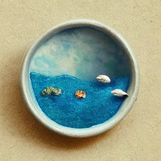 Prompt: a miniature oceans held in someone's cupped hands, dolphins jumping,