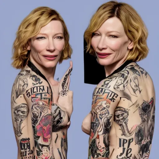 Image similar to high resolution image of cate blanchett with full body gang tattoos , highly detailed, photorealistic, 4k