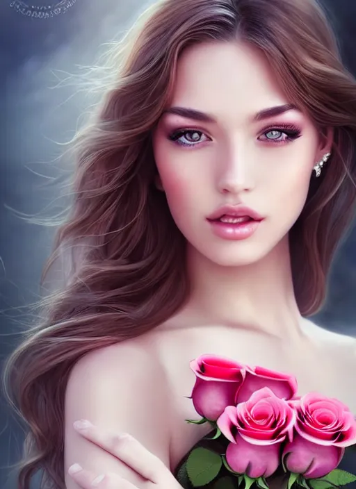 Image similar to a gorgeous female photo, professionally retouched, soft lighting, holding a bouquet of roses, realistic, smooth face, perfect eyes, wide angle, sharp focus on eyes, 8 k high definition, insanely detailed, intricate, elegant, art by artgerm