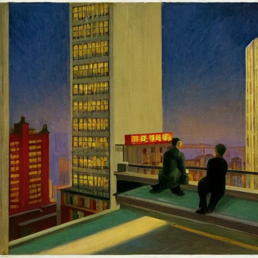 Image similar to a small rooftop with a couple of people sitting and watching the view, modern shanghai bund is on the background, night, by edward hopper, by gregory crewdson