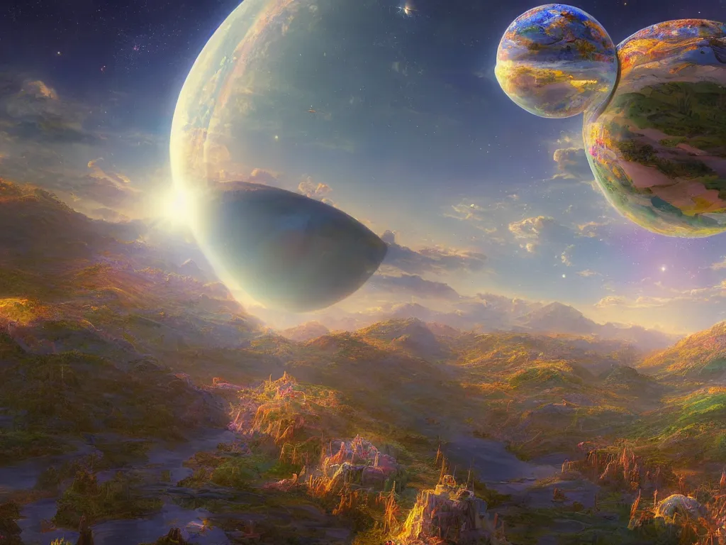 Prompt: The universe is a spheroid region 705 meters in diameter, 3d render, Sunlight Study, by Thomas Cole and ((((Lisa Frank)))), Art Nouveau, 8k, extreme detail, sharp focus, octane render