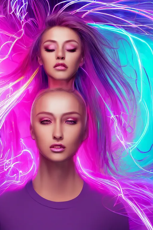 Image similar to a award winning half body portrait of a beautiful woman in a croptop and cargo pants with ombre purple pink teal hairstyle with head in motion and hair flying, surrounded by whirling illuminated lines, outrun, vaporware, shaded flat illustration, digital art, trending on artstation, highly detailed, fine detail, intricate