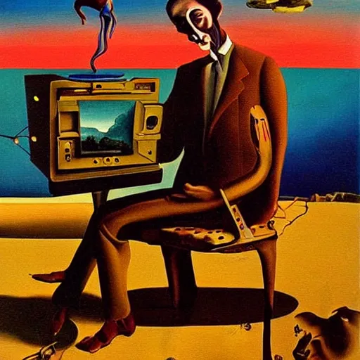 Image similar to a surreal painting of Salvador Dalí using a vintage computer in a vast surreal landscape by Salvador Dalí