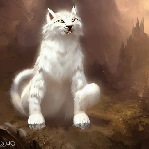 Prompt: white anthropomorphic lynx cat full body by Craig Mullins and Noriyoshi Ohrai, furry art, steampunk fantasy style, 4k, trending on artstation