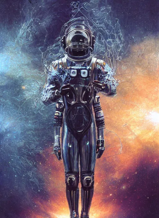 Image similar to astronaut in dark void underwater - complex and hyperdetailed technical suit design. reflection and dispersion materials. rays and dispersion of light. volumetric light. f / 3 2. noise film photo. flash photography. ultra realistic, 5 0 mm. poster by wayne barlowe, hajime sorayama aaron horkey, craig mullins