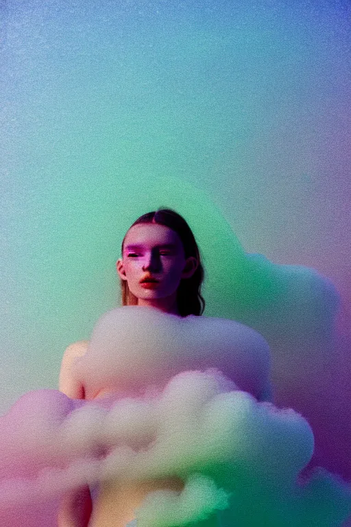 Image similar to high quality pastel coloured film close up wide angle photograph of a model wearing clothing swimming on cloud furniture in a icelandic black rock!! environment in a partially haze filled dreamstate world. three point light, rainbow. photographic production. art directed. pastel colours. volumetric clouds. pastel gradient overlay. waves glitch artefacts. extreme facial clarity. 8 k. filmic.