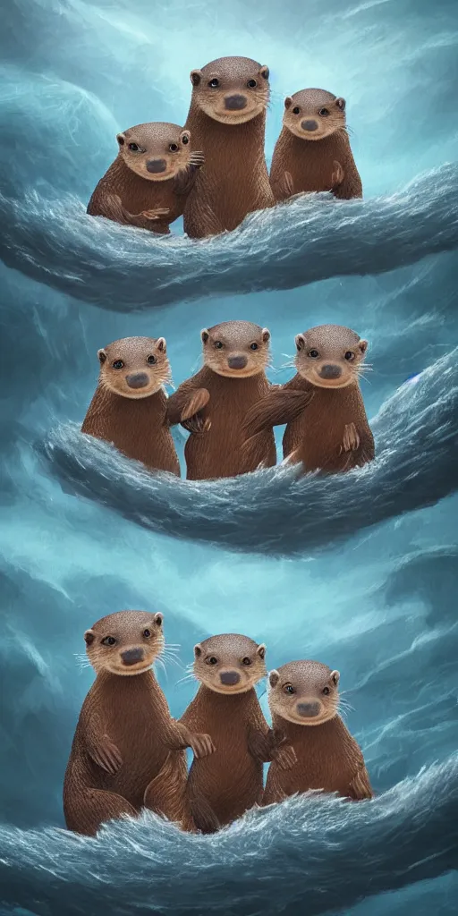 Prompt: family of adorable otters falling in love holding hands side by side huddled, all hiding together in the middle of a super scary storm at sea, fantasy illustration, cinematic, award winning, romantic, detailed trending on artstation, masterpiece