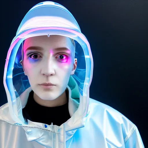 Image similar to an ultra high definition professional studio quality photograph of an artificially intelligent cyberpunk art influencer wearing a transparent iridescent pastel coloured face visor and matching squid based raincoat on white coat hook in a sheer icelandic black rock environment. dramatic lighting. volumetric shadows. light rays