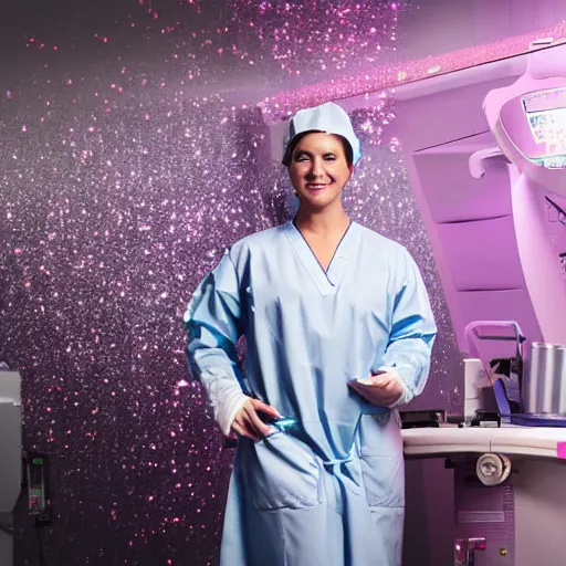 Image similar to A high resolution photograph of a surgeon standing in an operating room, surrounded by new technology and glitter, infused with lightning, very aesthetic, surgical gown and scrubs on, full length, exquisite detail, post-processing, masterpiece, cinematic, 8k, magazine cover