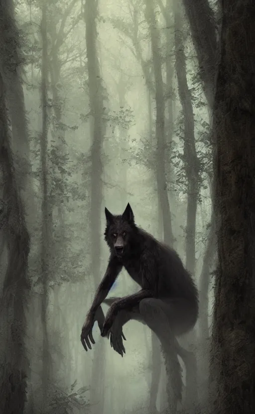 Image similar to hyperrealistic, Portrait of a werewolf crouched in a foggy forest, fantasy, yellow eyes, highly detailed, cinematic lighting, digital art painting by greg rutkowski